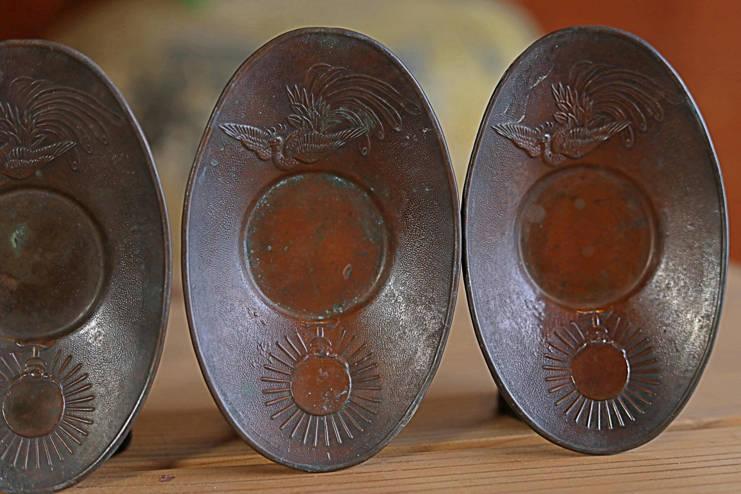 Antique Bronze Cup Saucers - Set of Five Japanese Tea Coasters with Phoenix Design