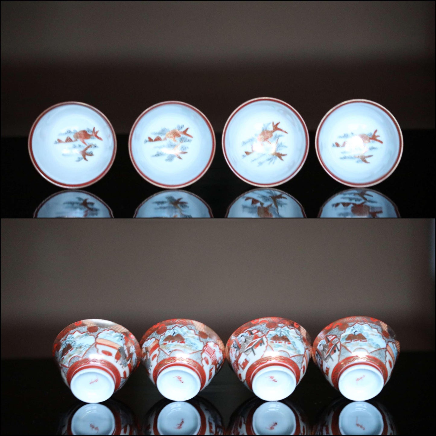 Kutani Tea Set - Vintage Japanese Ceramic Cups With Red Gold Tableware & Gold Ring Pot