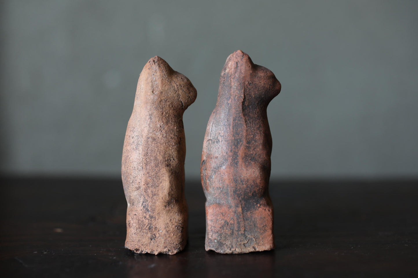 Japanese Antiques KITSUNE Dolls, Imado-yaki Pottery Pair (H3.7in)