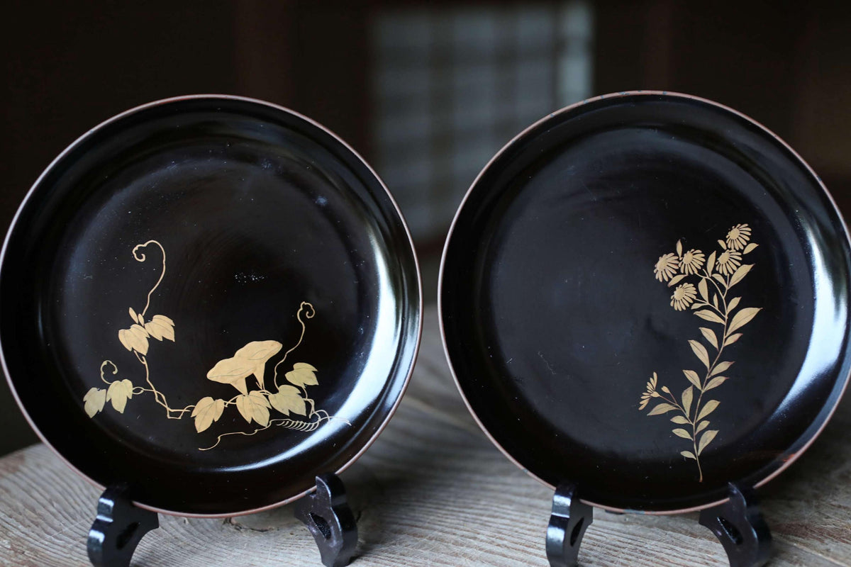 two black plates with gold designs on them, placed on a wooden surface.