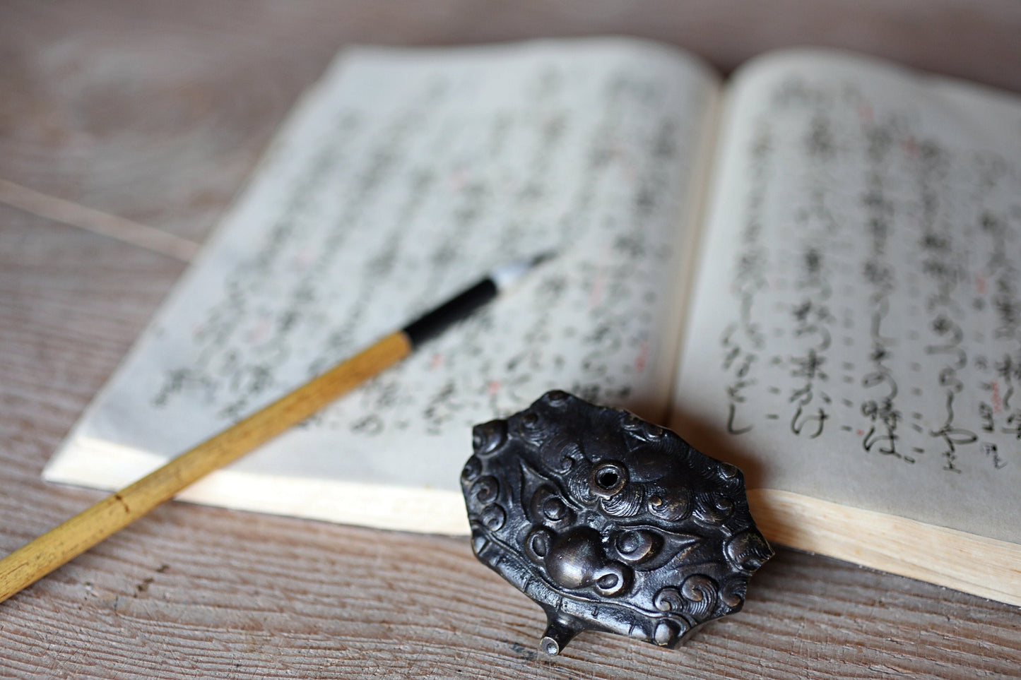 Antique Demon Water Dropper - Japanese Bronze Ink Container With Demon Face Motif