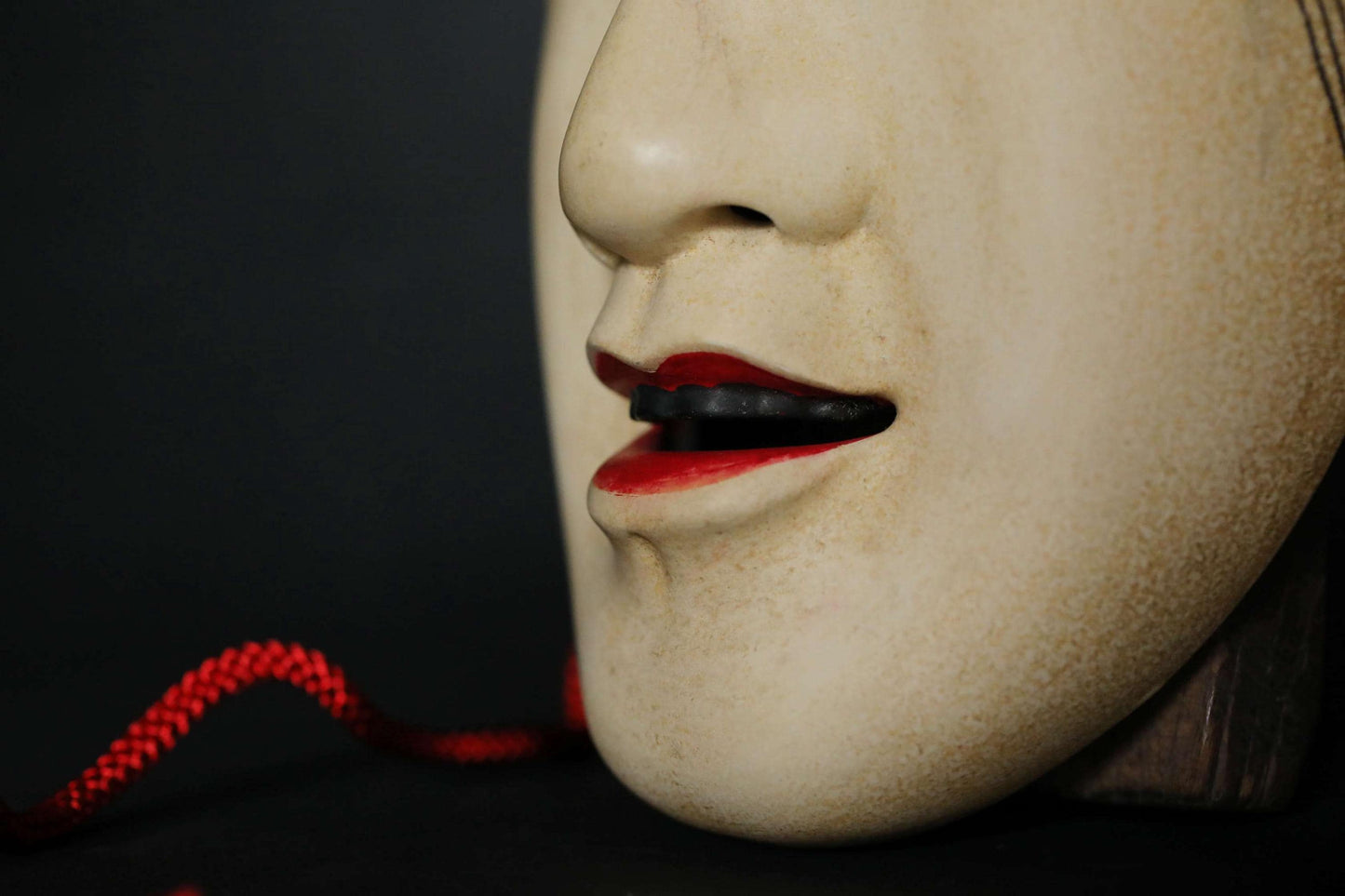 Japanese Noh Mask - Magojirō Signed Wood Carving | Elegant Wall Ornament with Silk Bag