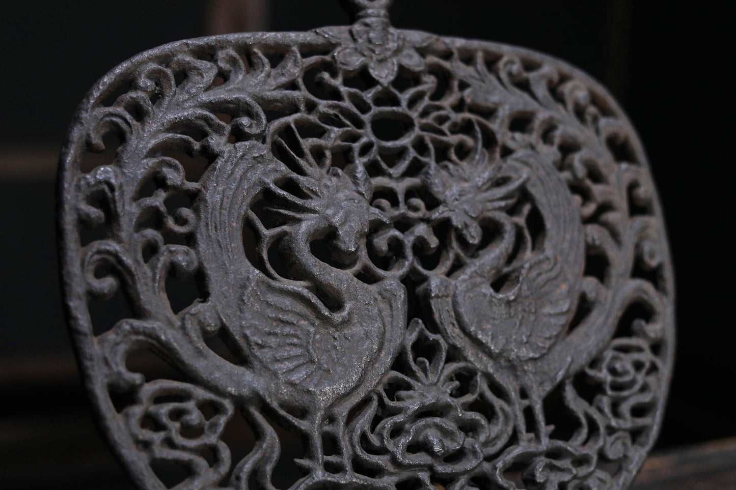 Japanese Cast Iron Wall Art – Phoenix Sculpture with Buddhist Altar Decor & Lotus Flower Design