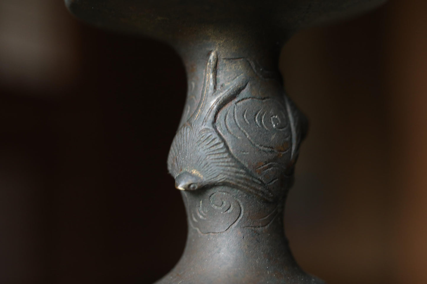 Antique Brass Candlestick Japanese Animal Motif Cast Metal Pillar Candle Holder