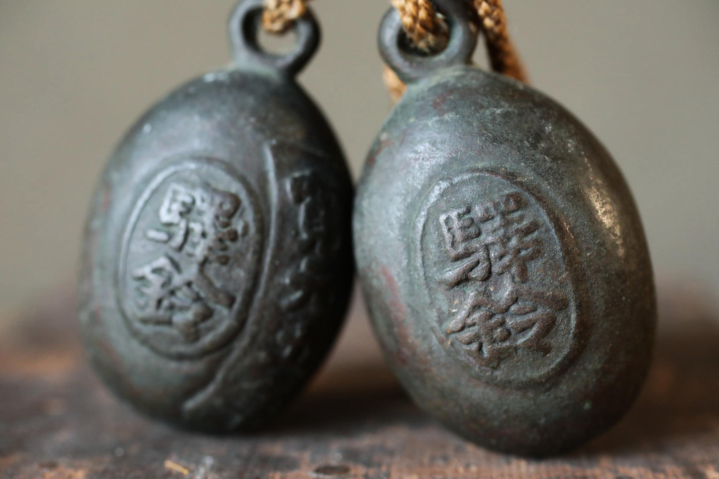 Japanese Bronze Bells - Vintage Bronze Bell Pair with Kanji Suzu for Entryway Display