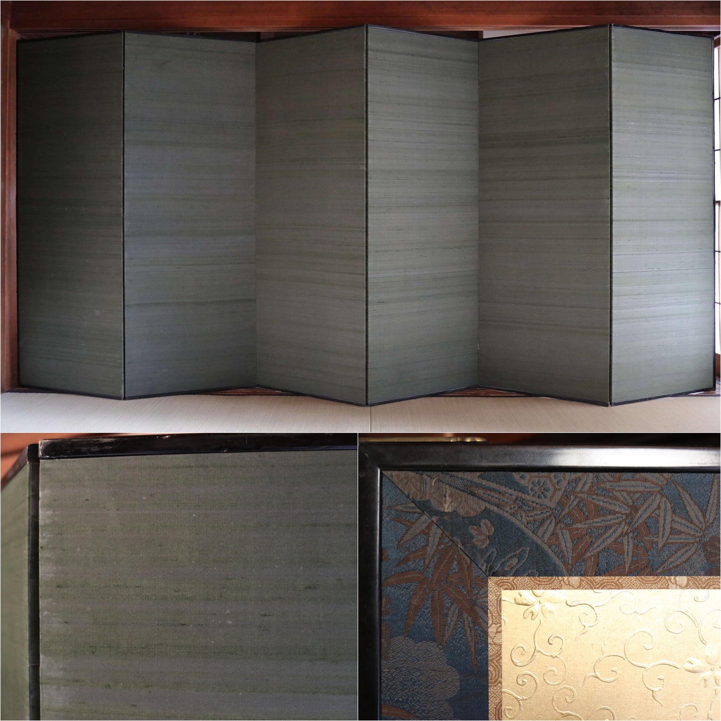 Japanese Folding Screen - Antique Byobu Screen with Gold Leaf Clouds & 1800s Art