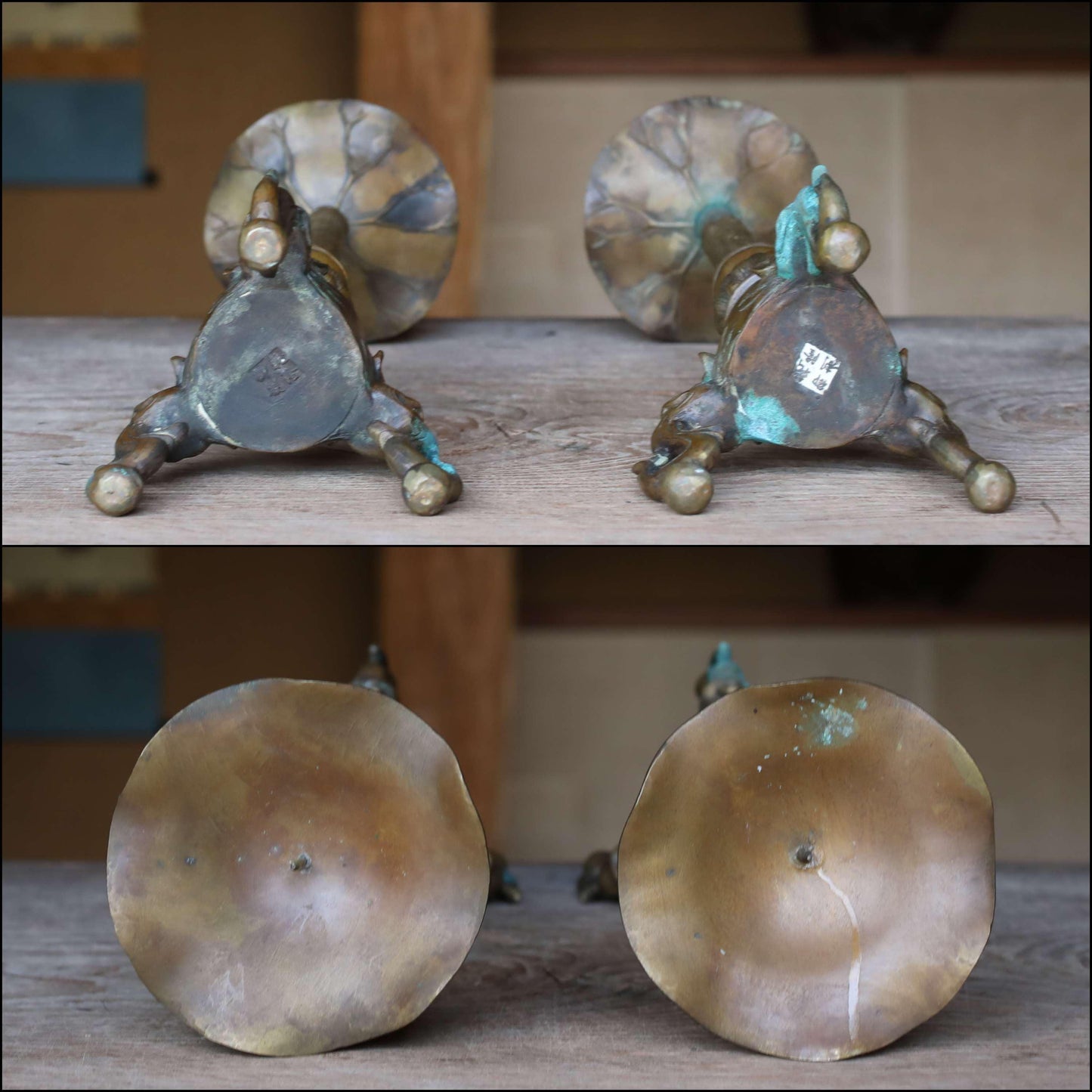 Antique Brass Candlestick Pair - Japanese Dragon Lotus Design With Lion Head Base