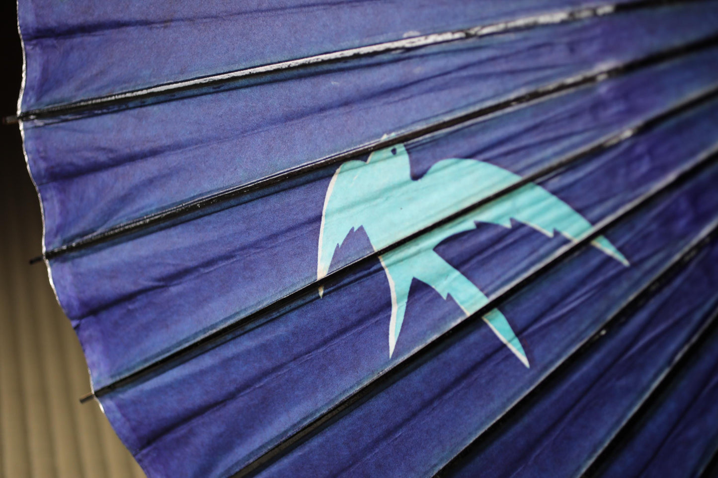 Japanese Vintage wagasa Umbrella: Swallows and Willows Indigo Paper & Bamboo Kimono