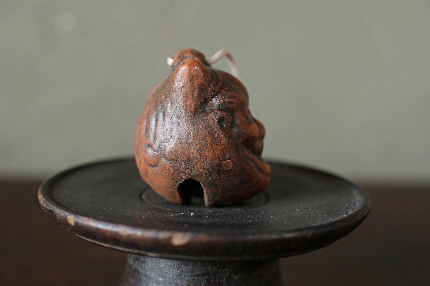Japanese Oni Pottery Bell - Vintage Paperweight & Demon Talisman Ornament