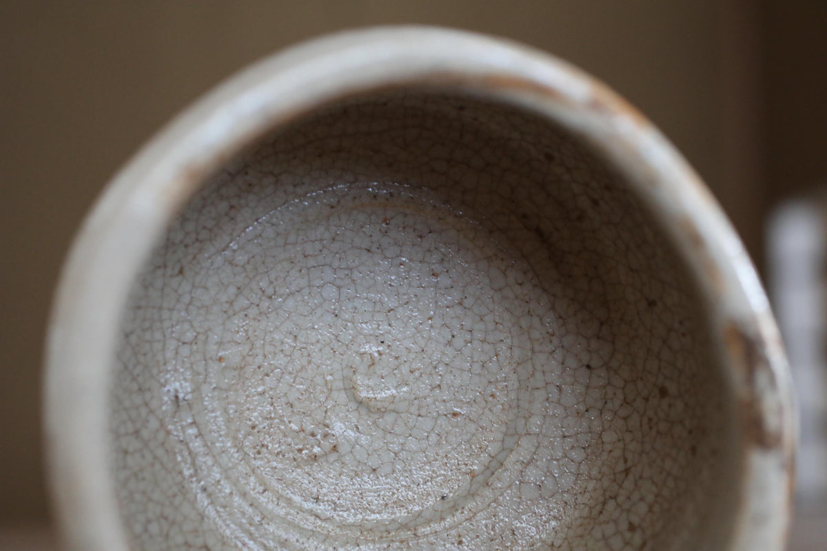 A close-up view of a white ceramic bowl with a textured surface, featuring a small crack in the center.