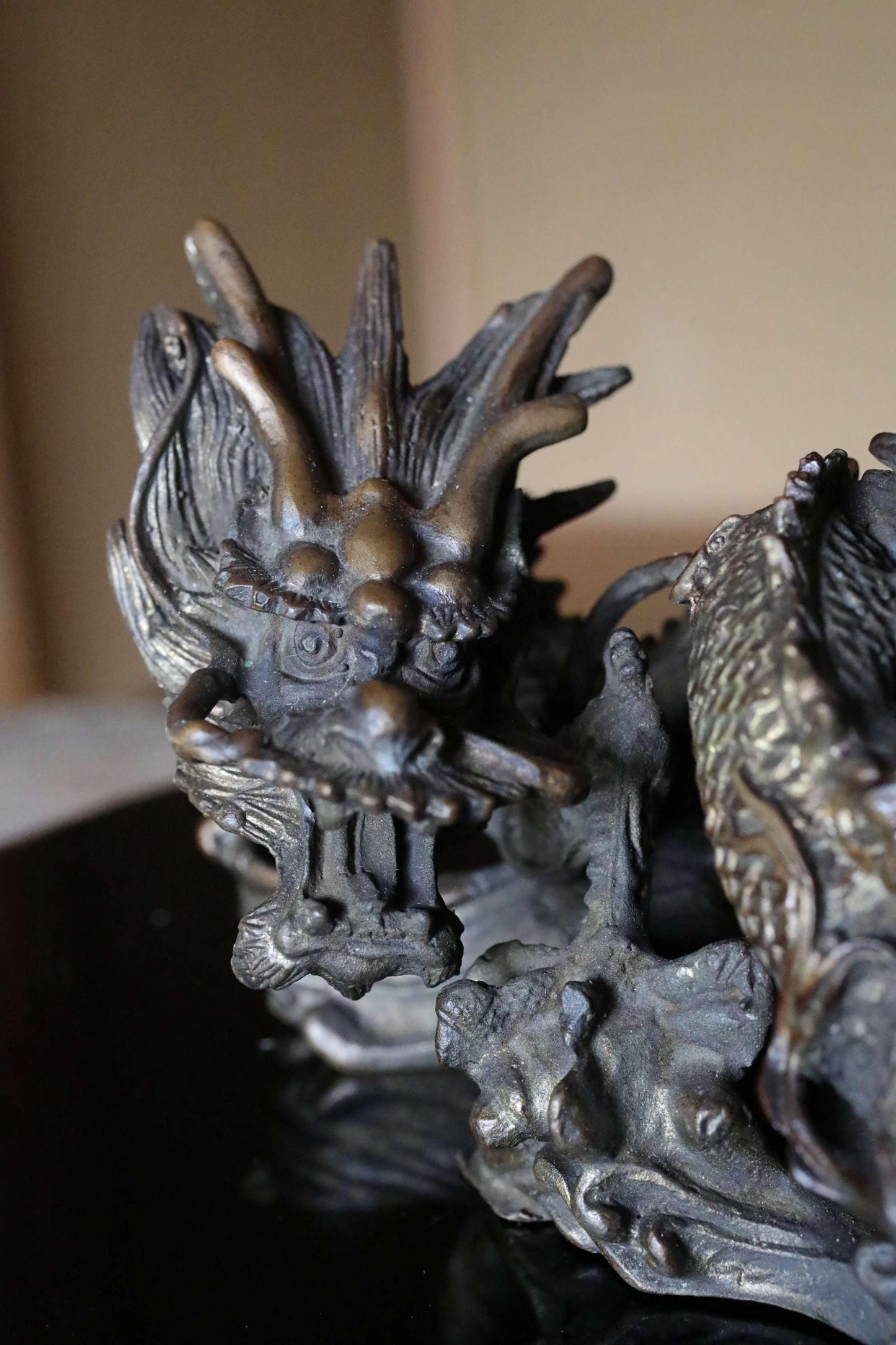Japanese Dragon Statue - Bronze Dragon Figurine With Crystal Ball, Feng Shui Decor