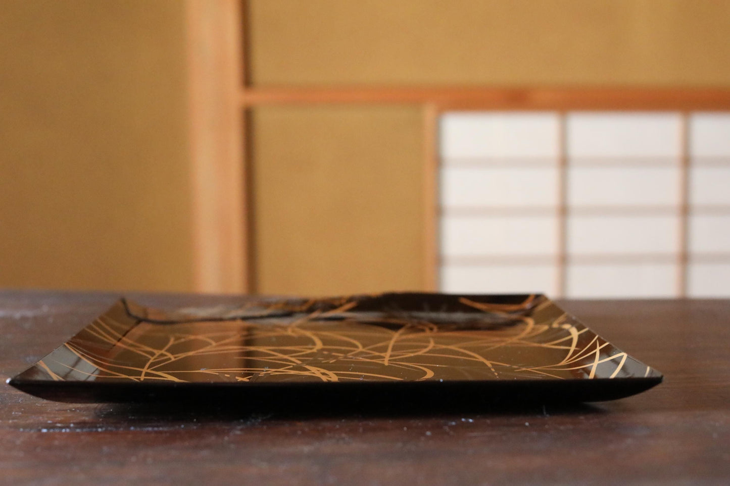 Japanese Lacquer Tray - Antique Black Urushi Tray with Makie Gold Pampas Grass Design