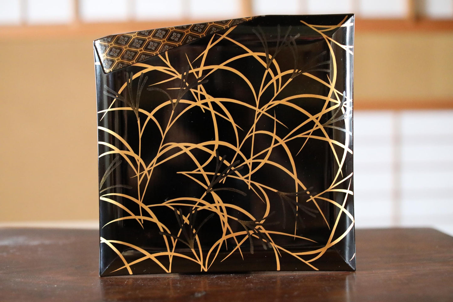 Japanese Lacquer Tray - Antique Black Urushi Tray with Makie Gold Pampas Grass Design