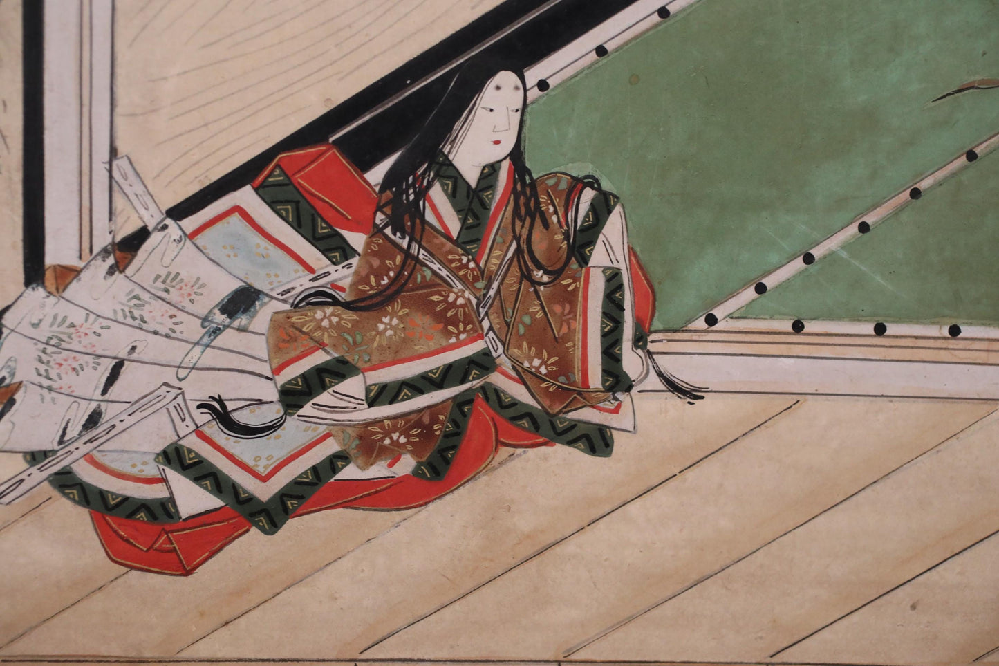 Antique Japanese Byobu Folding Screen - Edo Period Tale of Genji Art, Gold Leaf Decor