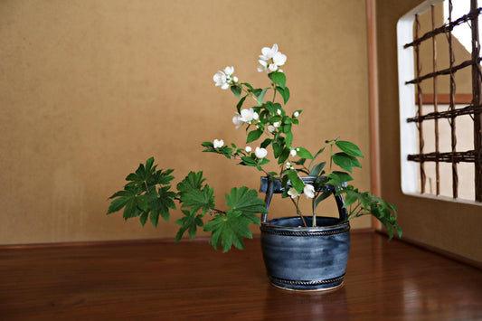 Japanese Vintage Flower Vase - Kiyomizu-Yaki Pottery Indigo Ceramic Teoke Design