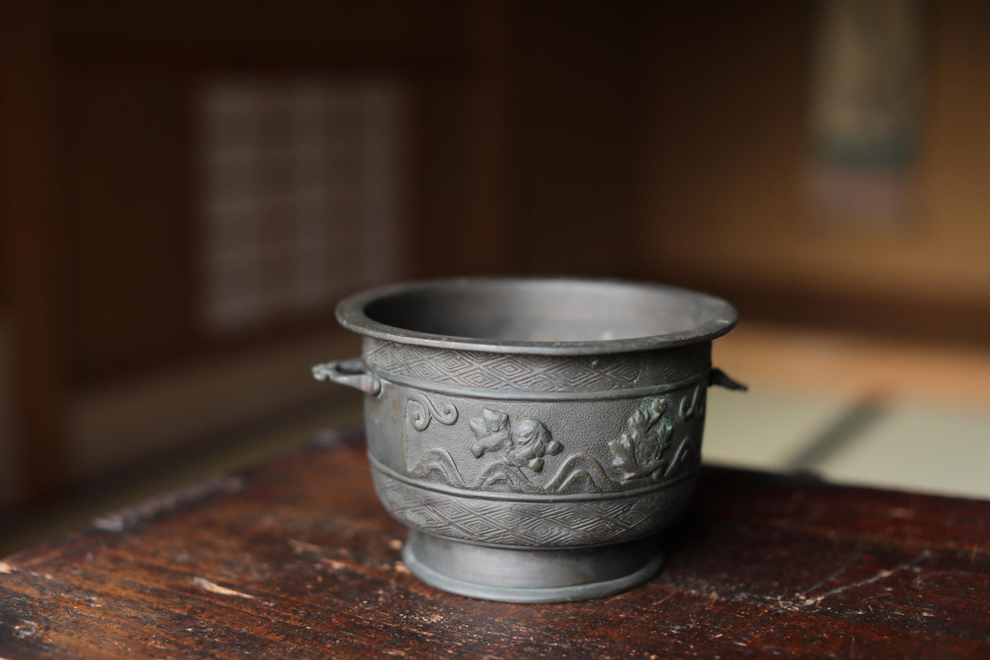 Antique Bronze Censer - Japanese Incense Burner with Lion and Peony Relief