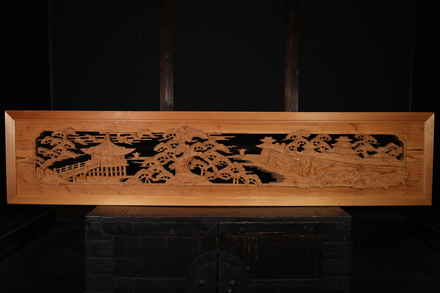 Japanese Wooden Ranma - Vintage Hand Carved Wood Panel With Seaside Pine Tree Carving