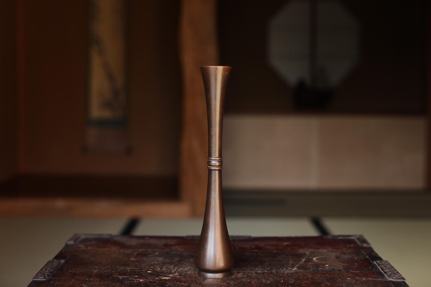 Vintage Bronze Vase - Japanese Ikebana Flower Vase With Crane Neck Design & Signed Wooden Box
