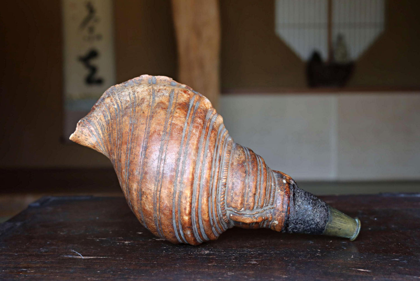 Japanese Conch Shell Horn – Antique Horagai Trumpet With Handcrafted Brass Mouthpiece