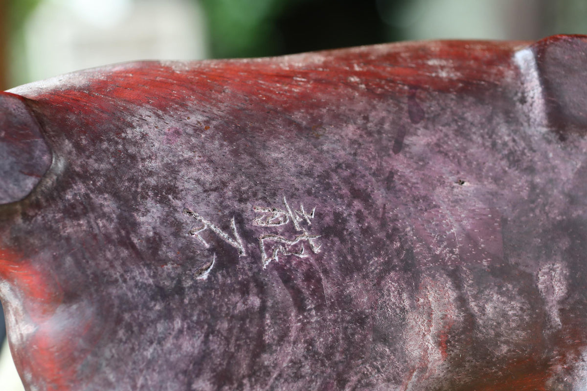 a close-up view of a textured, reddish-brown surface with some white markings or writing on it.