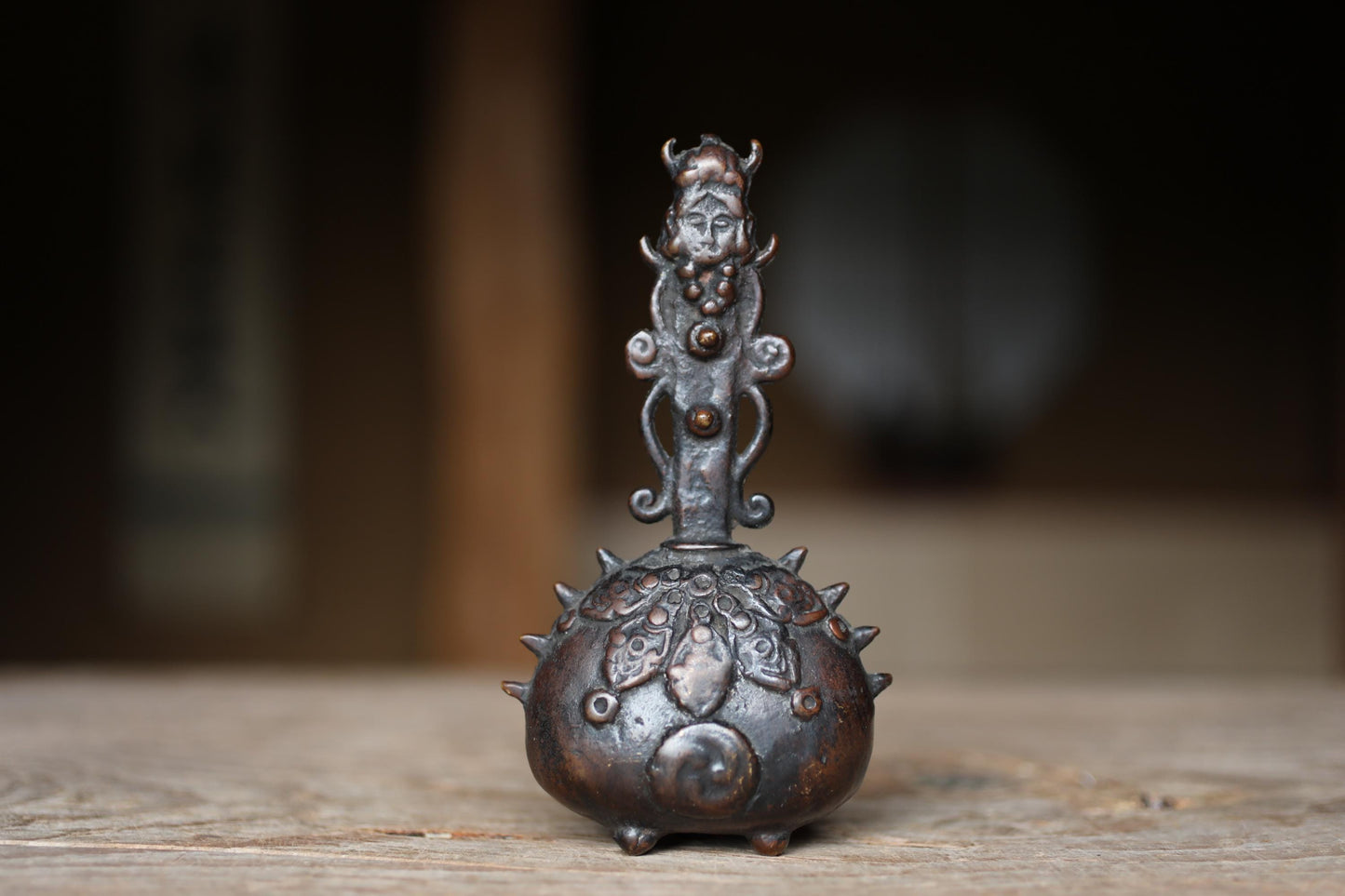 Antique Japanese Bronze Bell - 1800s Buddhist Sorcerer Handle | Tea Ceremony Doorbell