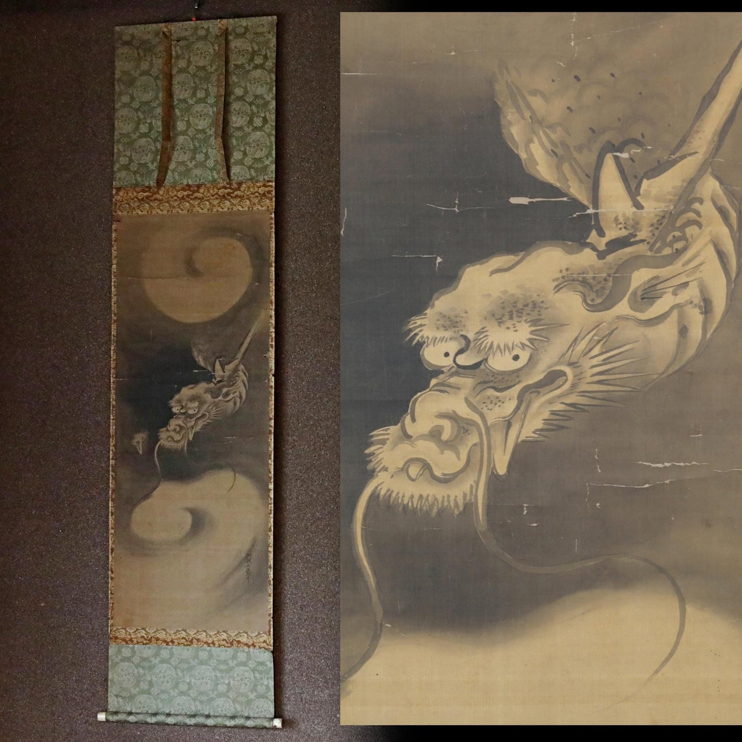 Antique Japanese Dragon Scroll – Edo Period Art | Rising Dragon Painting on Silk Brocade
