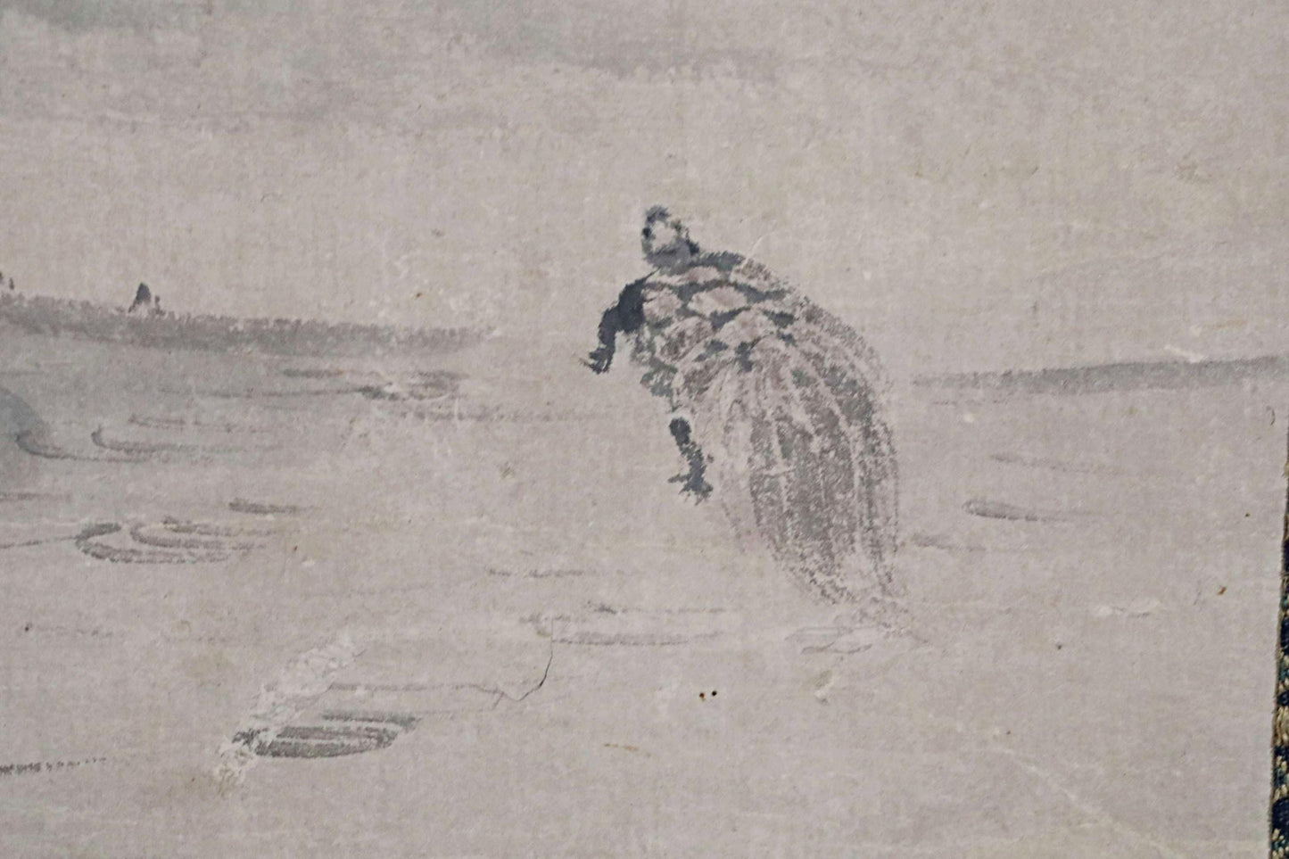 Japanese Antique Scroll - Edo Period Art Kakejiku with Crane and Turtle Ink Wash Painting