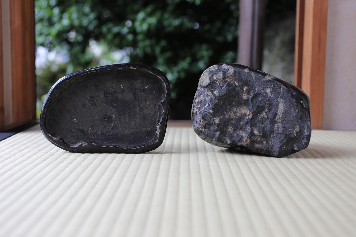 Two black, irregularly shaped rocks are placed on a white surface, with a blurred green background.