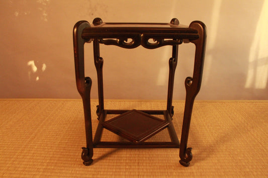 Decoration Stand Karaki dark brown wood with double shelves and unique legs, Japanese antique furniture Ikebana Bonsai H13.2×10×10in