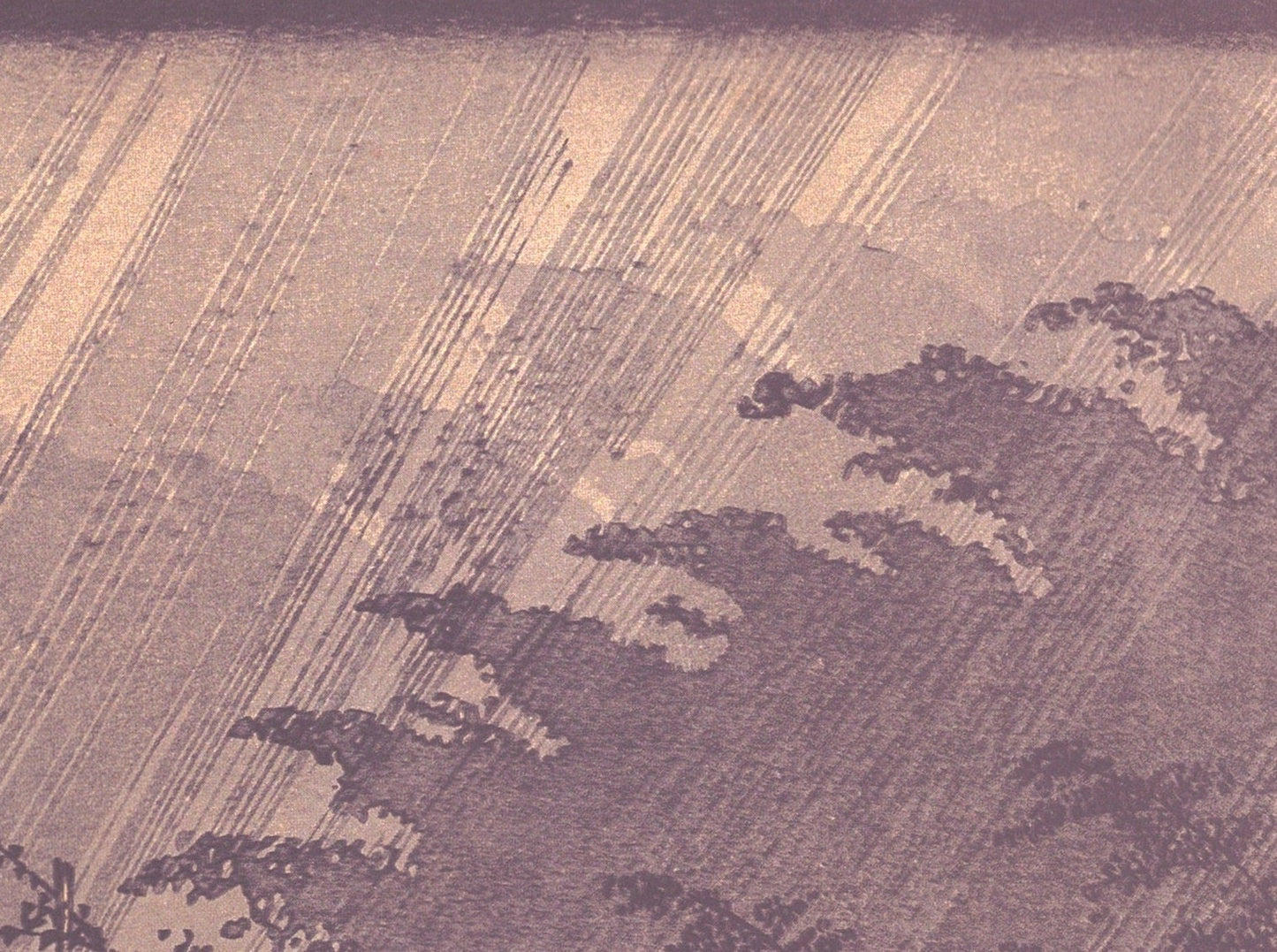 Japanese Ukiyo-e Woodblock print, by Hiroshige, "Rain Shower at Shono" From the series Fifty Three Stations of the Tokaido 10.2in×15in
