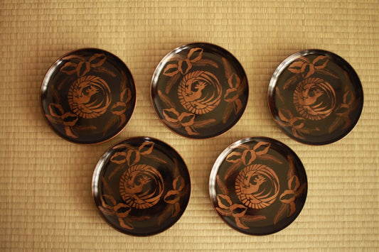 Black lacquer plates Set Five, Japanese Antique tableware wooden dish with hand painting picture of gold phoenix  6.7in