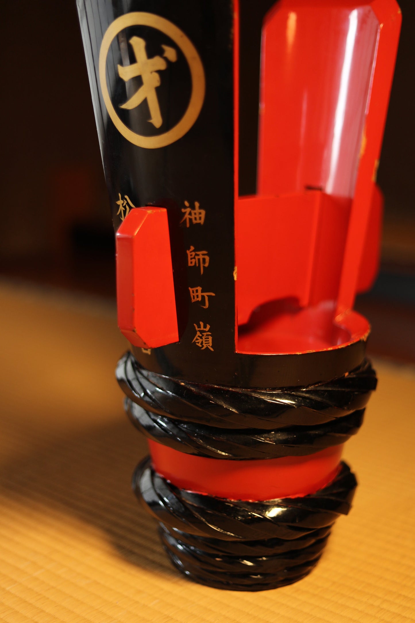 RARE! Japanese vintage double horned sake barrel lacquered in red and black, with inner metal bottle, Kanji calligraphy on the side, H18.5in