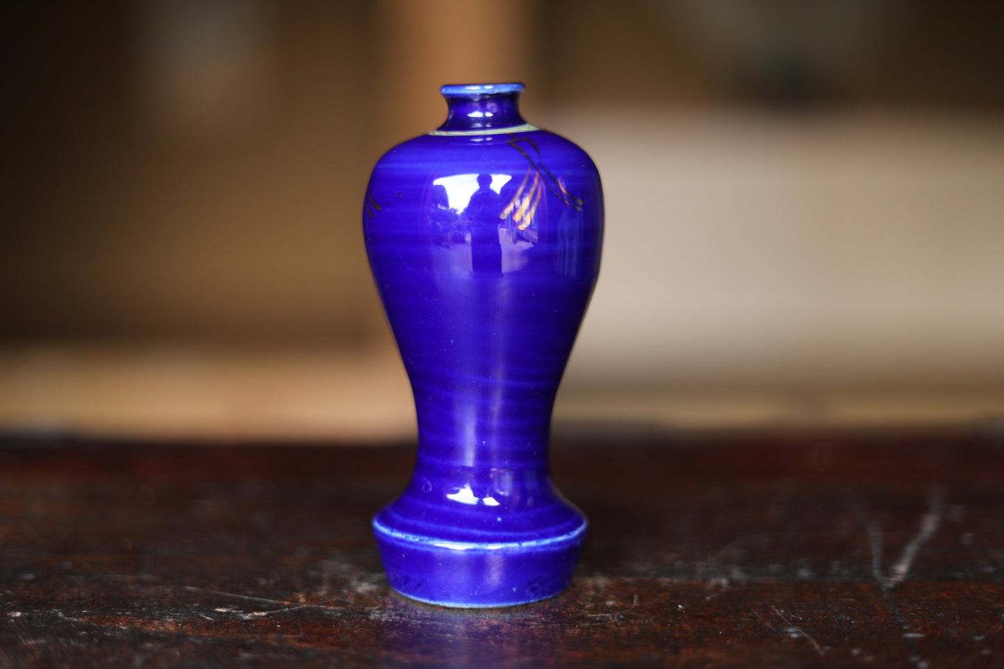 A pair of Japanese antique indigo blue porcelain small vase with Gold Kanji, sake bottle vase for shrine alter 1920s H5.1×2.3in