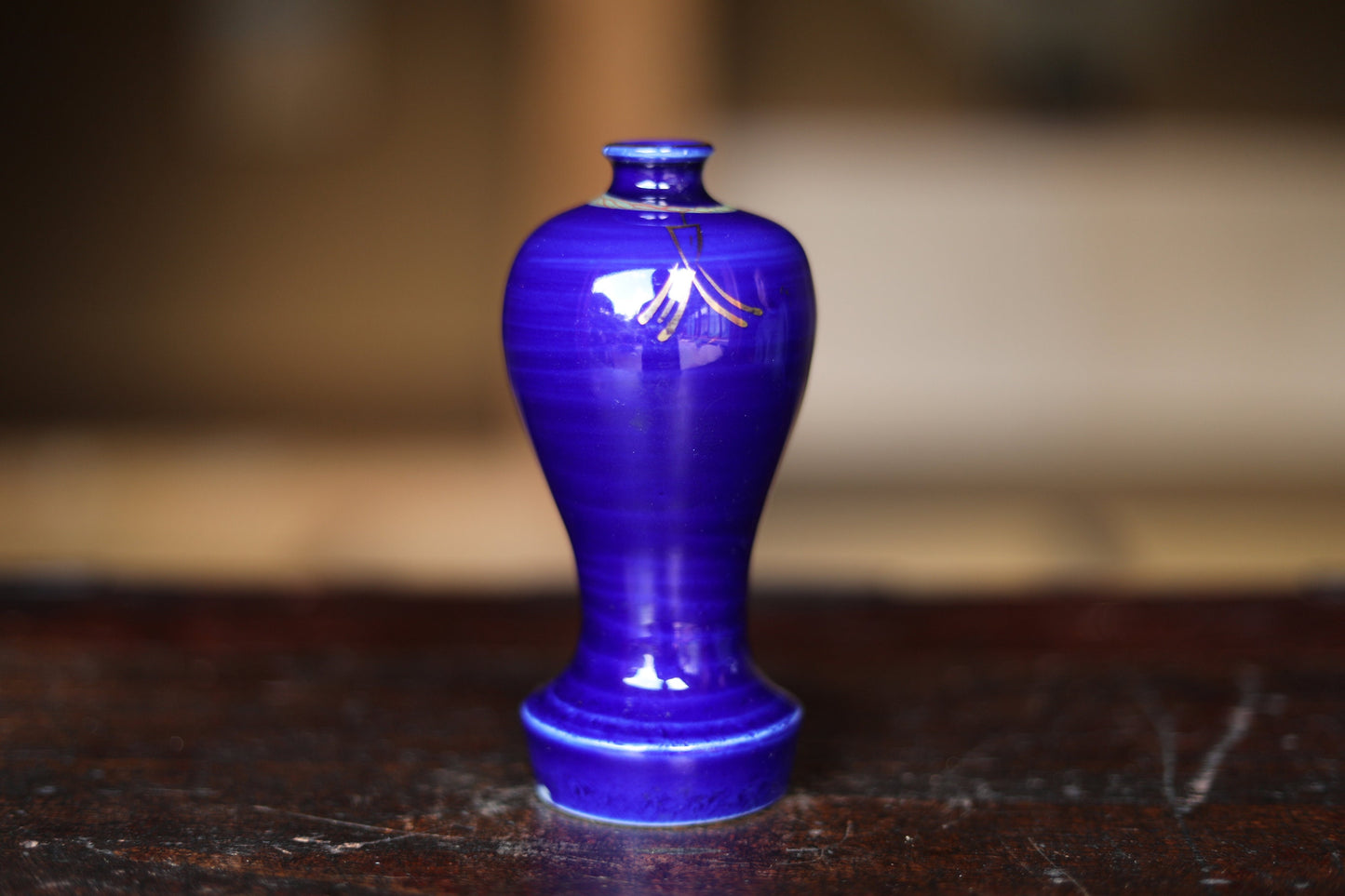 A pair of Japanese antique indigo blue porcelain small vase with Gold Kanji, sake bottle vase for shrine alter 1920s H5.1×2.3in