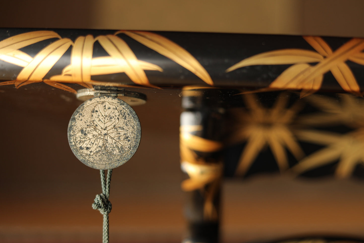 RARE!Japanese antique furniture lacquer MAKIE bookrest, music stand, lectern, wood/shell/gold, with bamboo sparrows SAMURAI, drawer H18.9in
