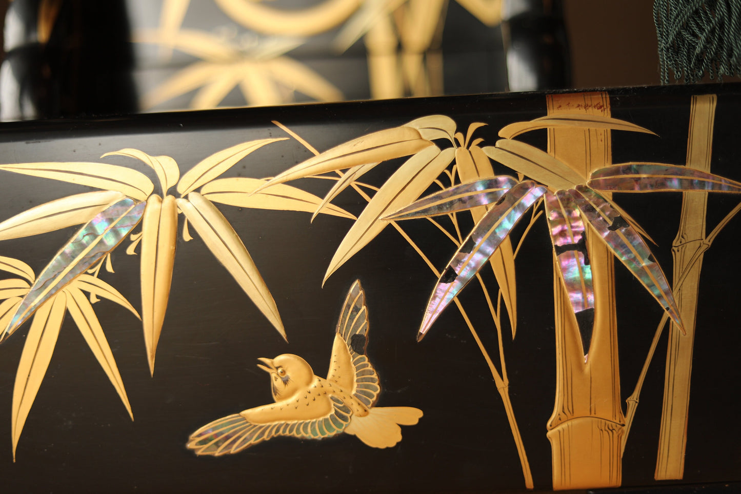 RARE!Japanese antique furniture lacquer MAKIE bookrest, music stand, lectern, wood/shell/gold, with bamboo sparrows SAMURAI, drawer H18.9in