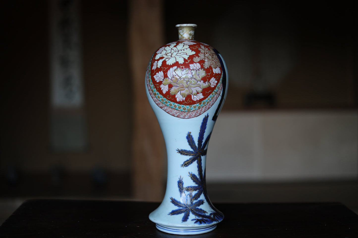 BIG! Japanese antique 1800s porcelain Sake bottle for shrine altar, large vase "KOIMARI" KINTSUGI Kanji flower design hand painting H13.8in