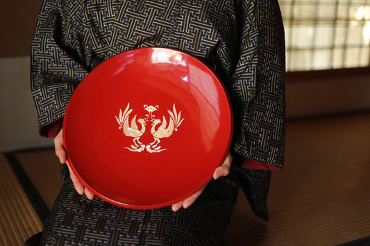 Japanese Antique Collectors plate lacquer tray Large Red and Shell RADEN work with a phoenix pattern "URUSHI" tray wooden 12.6in