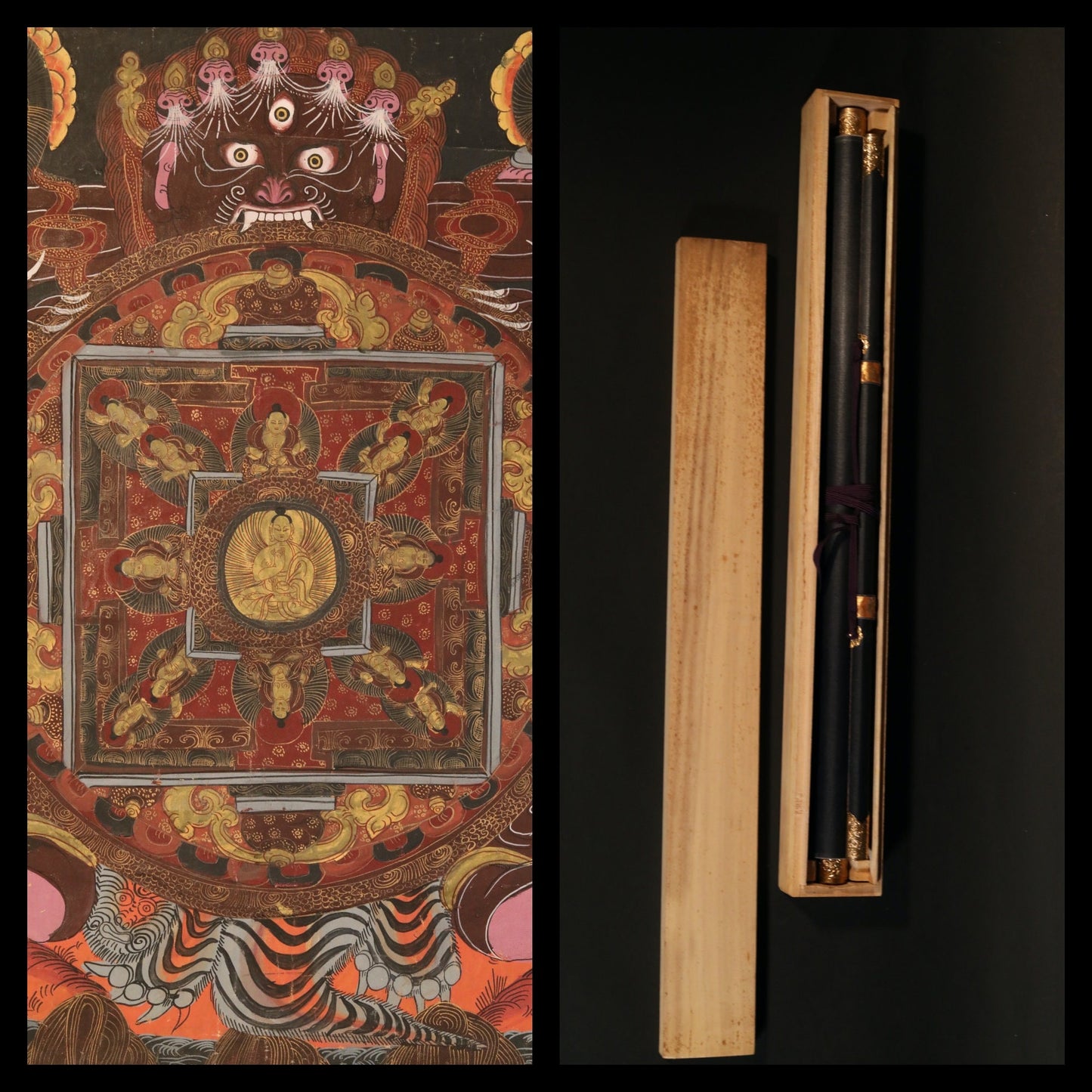 Japanese antique Buddhist hanging scroll of painting Genuine Tibetan Mandala beautiful KAKEJIKU silk wall deco with wooden Box H55.1×27.2in