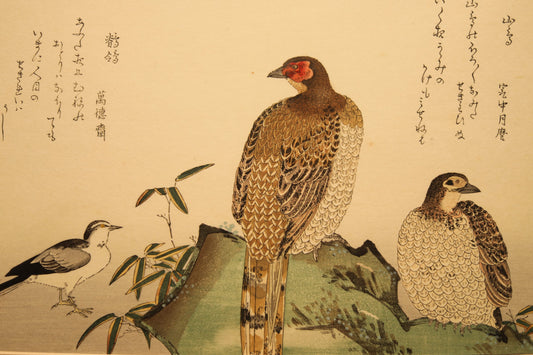 Japanese vintage art of birds Wagtail, Copper Pheasant and Kanji calligraphy poem,block printing with flame, wall deco picture H16.3×W21.1in