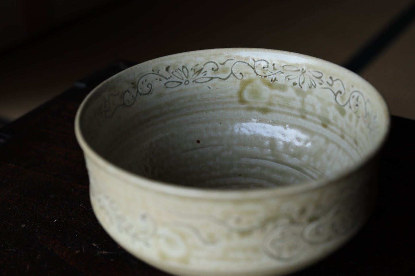 Japanese vintage ceramic yellow vessel, sweet container, Salad bowl Kiseto ware serving plates for Tea Ceremony with Kanji wood box 6.3in