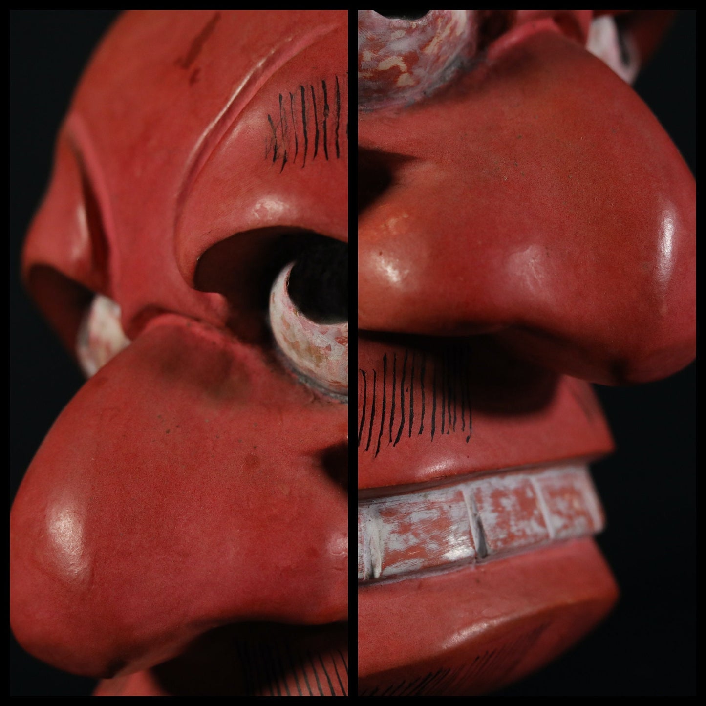 Japanese antique Noh mask red demon 武悪BUAKU wood carving Kyogen buddhist ornament statue with silk bag Japanese art wall deco H7.9in×W6.7in