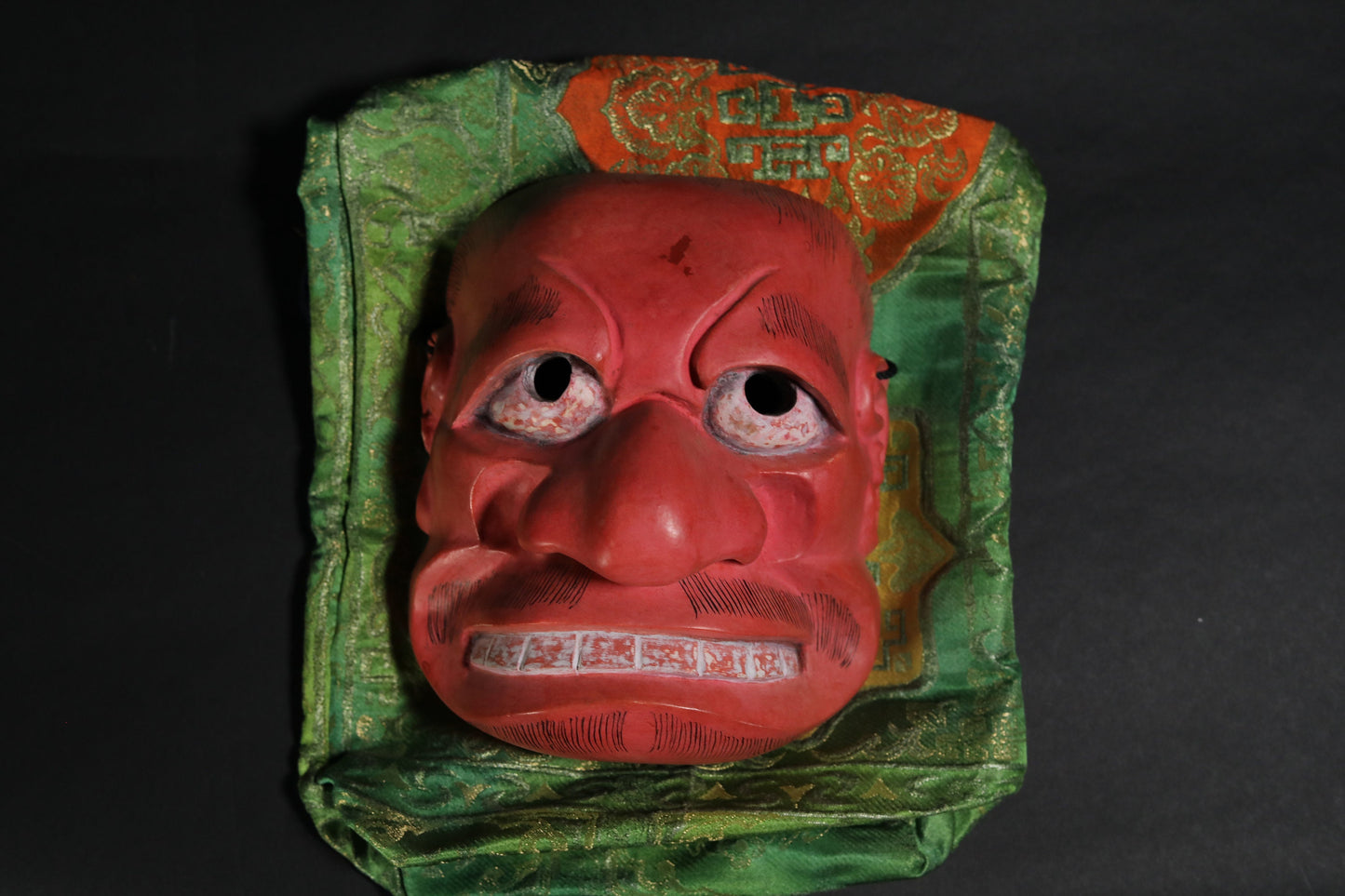 Japanese antique Noh mask red demon 武悪BUAKU wood carving Kyogen buddhist ornament statue with silk bag Japanese art wall deco H7.9in×W6.7in