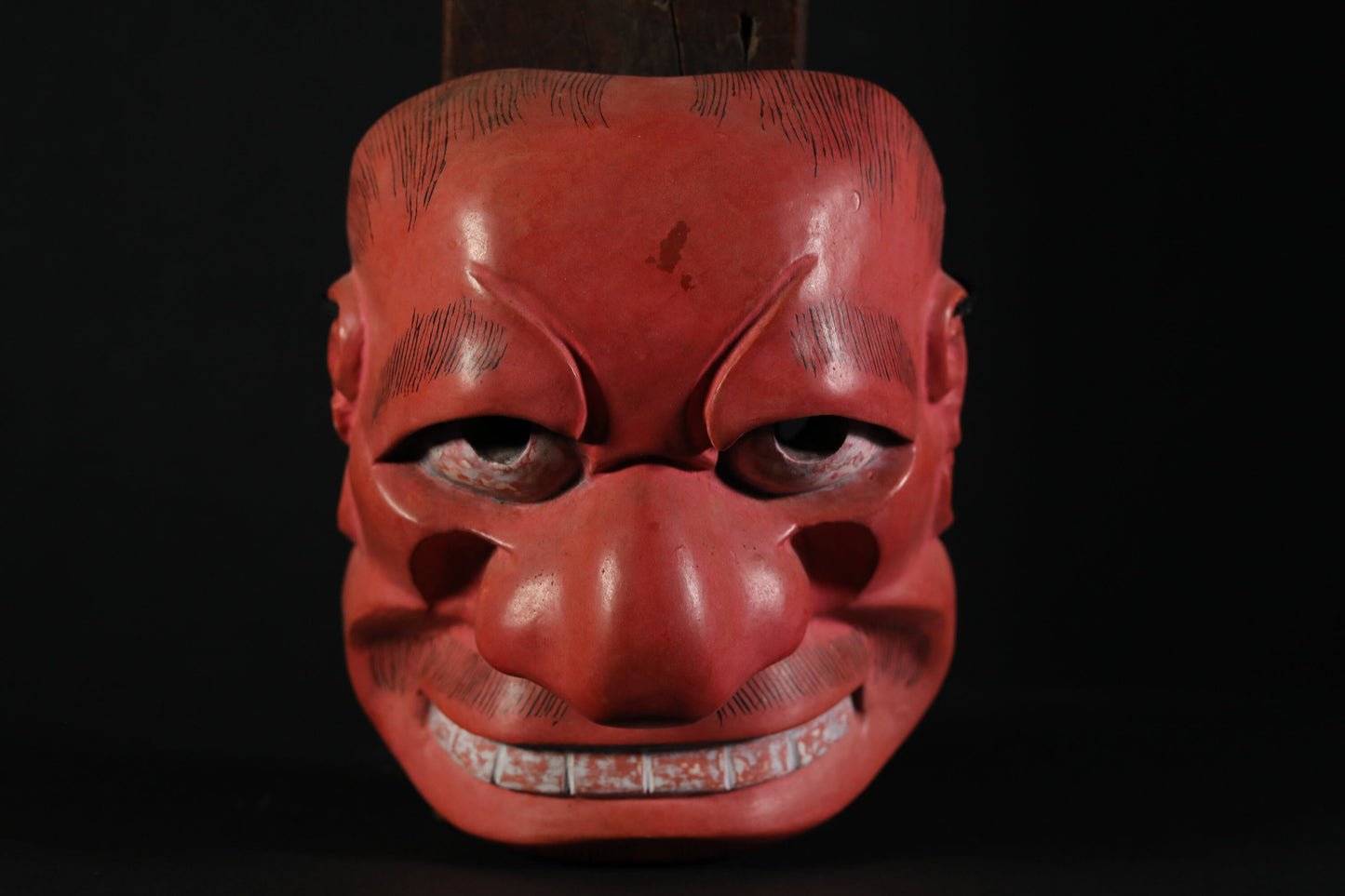 Japanese antique Noh mask red demon 武悪BUAKU wood carving Kyogen buddhist ornament statue with silk bag Japanese art wall deco H7.9in×W6.7in