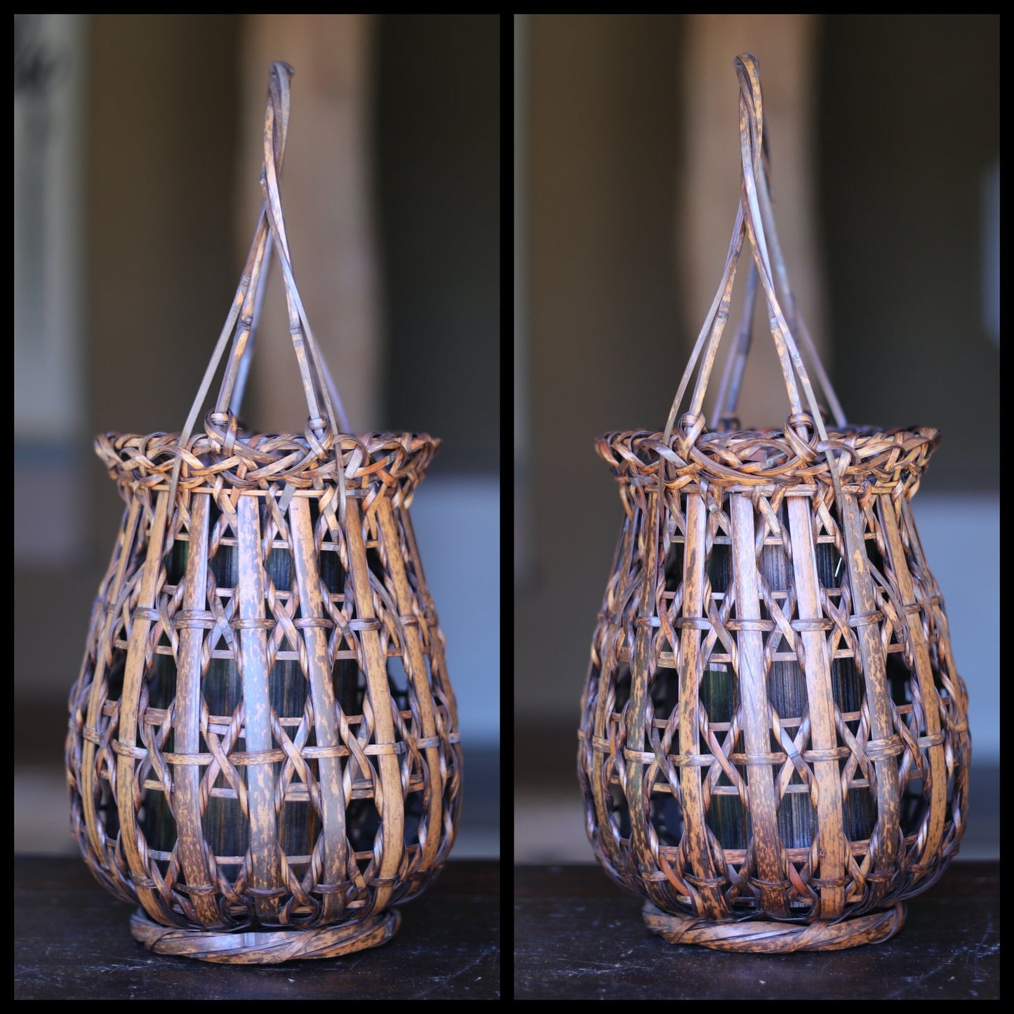 FINE! Japanese antique bamboo woven basket in smoke stained color with Kanji signature ,For IKEBANA, Tea ceremony H15.7x6.7in/40×17cm