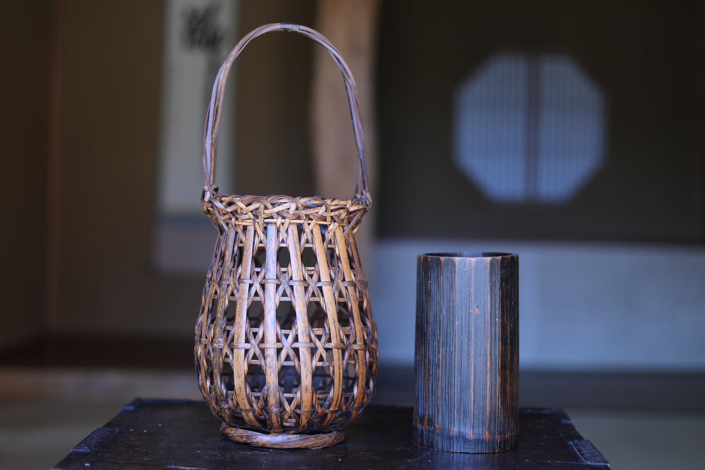 FINE! Japanese antique bamboo woven basket in smoke stained color with Kanji signature ,For IKEBANA, Tea ceremony H15.7x6.7in/40×17cm