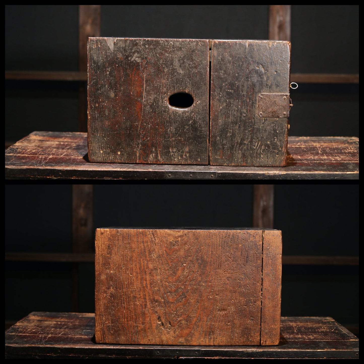 Japanese furniture Antique Box with Key, Zenibako charity box Buddhist temple coin collector 1700s metal clasp cedar Storage H11.8×W18.1in