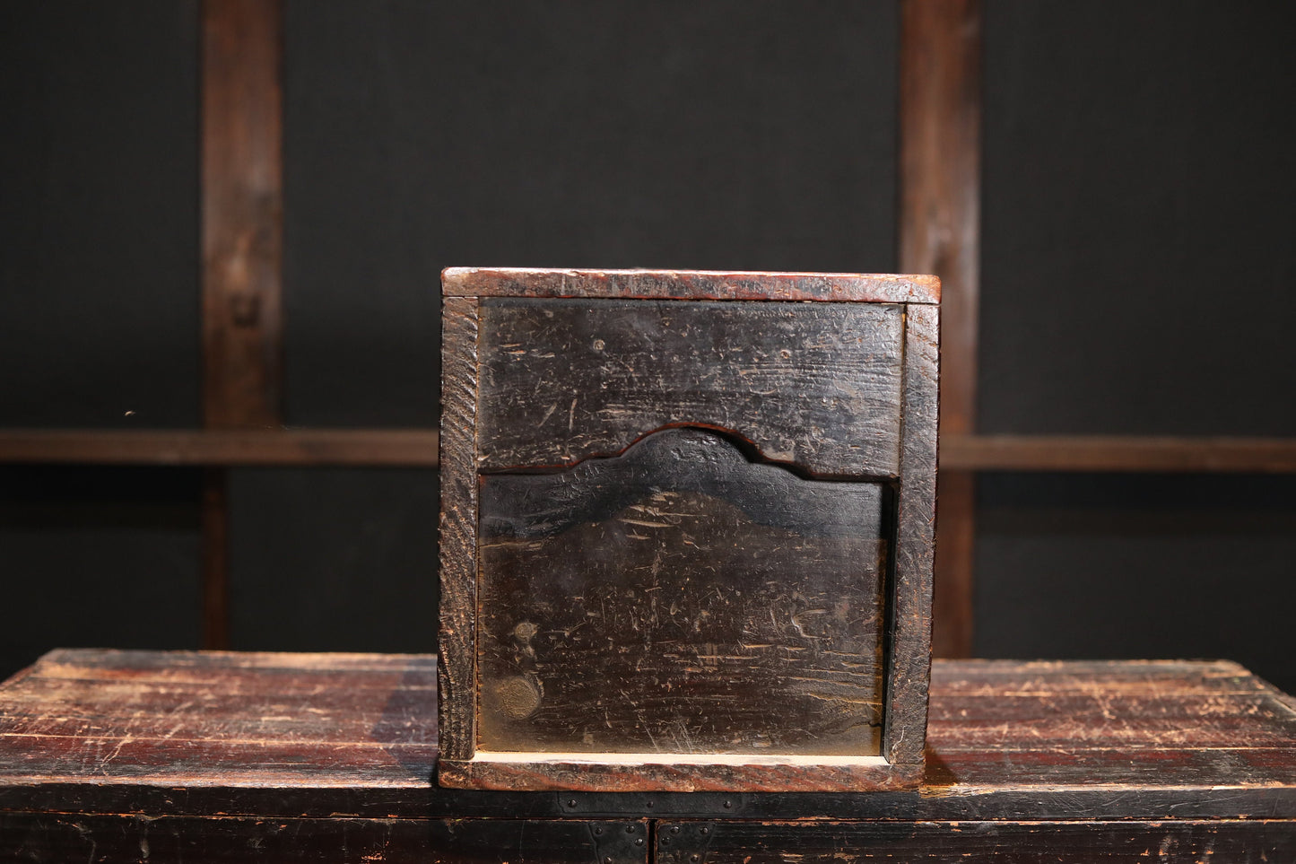 Japanese furniture Antique Box with Key, Zenibako charity box Buddhist temple coin collector 1700s metal clasp cedar Storage H11.8×W18.1in
