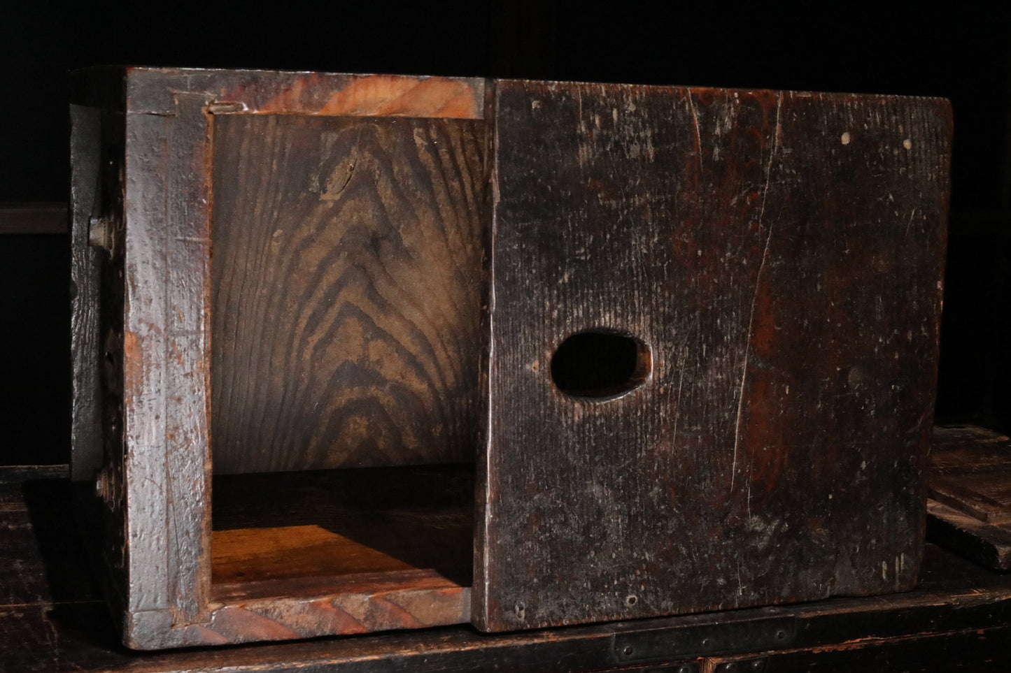 Japanese furniture Antique Box with Key, Zenibako charity box Buddhist temple coin collector 1700s metal clasp cedar Storage H11.8×W18.1in