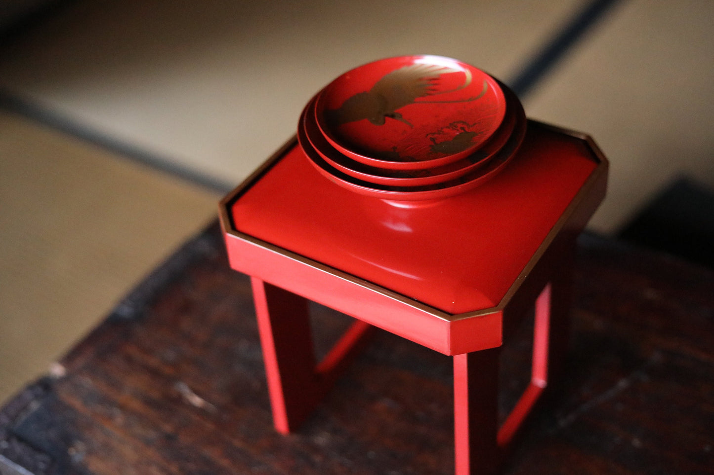 FINE! Set of 3 red gold lacquer MAKIE wooden sake cups with bards crane and turtles, Japanese Antique 1916s sakazuki urushi 4.9in/12.5cm